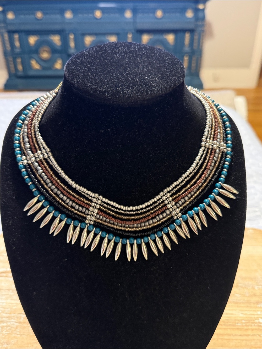 Vintage Silver Tone Southwestern Seed Beaded Choker Bib Statement Necklace